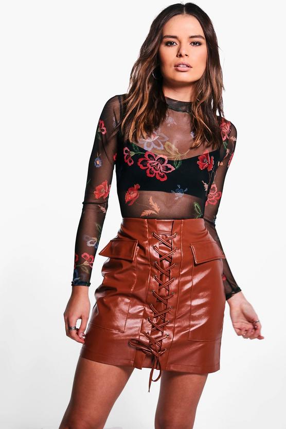 Aria Leather Look Lace Up Pocket Front Mini Skirt